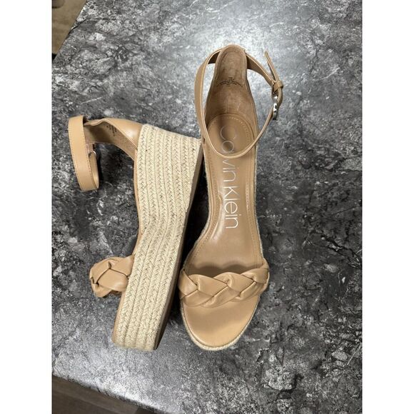Calvin Klein Womens Thea Platform Wedge Heel Espadrille Sandal Ankle Strap Beige - Picture 3 of 14